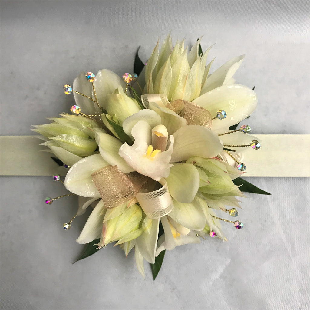 A floral wrist corsage on a cream slap band featuring pale cream cymbidium orchids centered among cream blushing bride protea buds. Accents include glossy green italian ruscus tips, finished with cream  and champagne satin ribbon loops and shimmering rhinestone sprays.