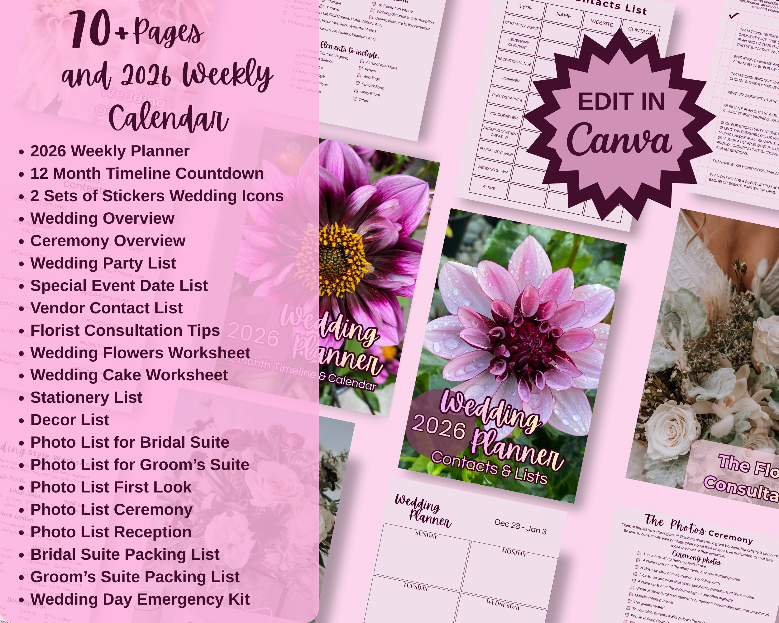Digital Download: Wedding Planner: 12 Month Timeline & Calendar, Contacts, Checklists