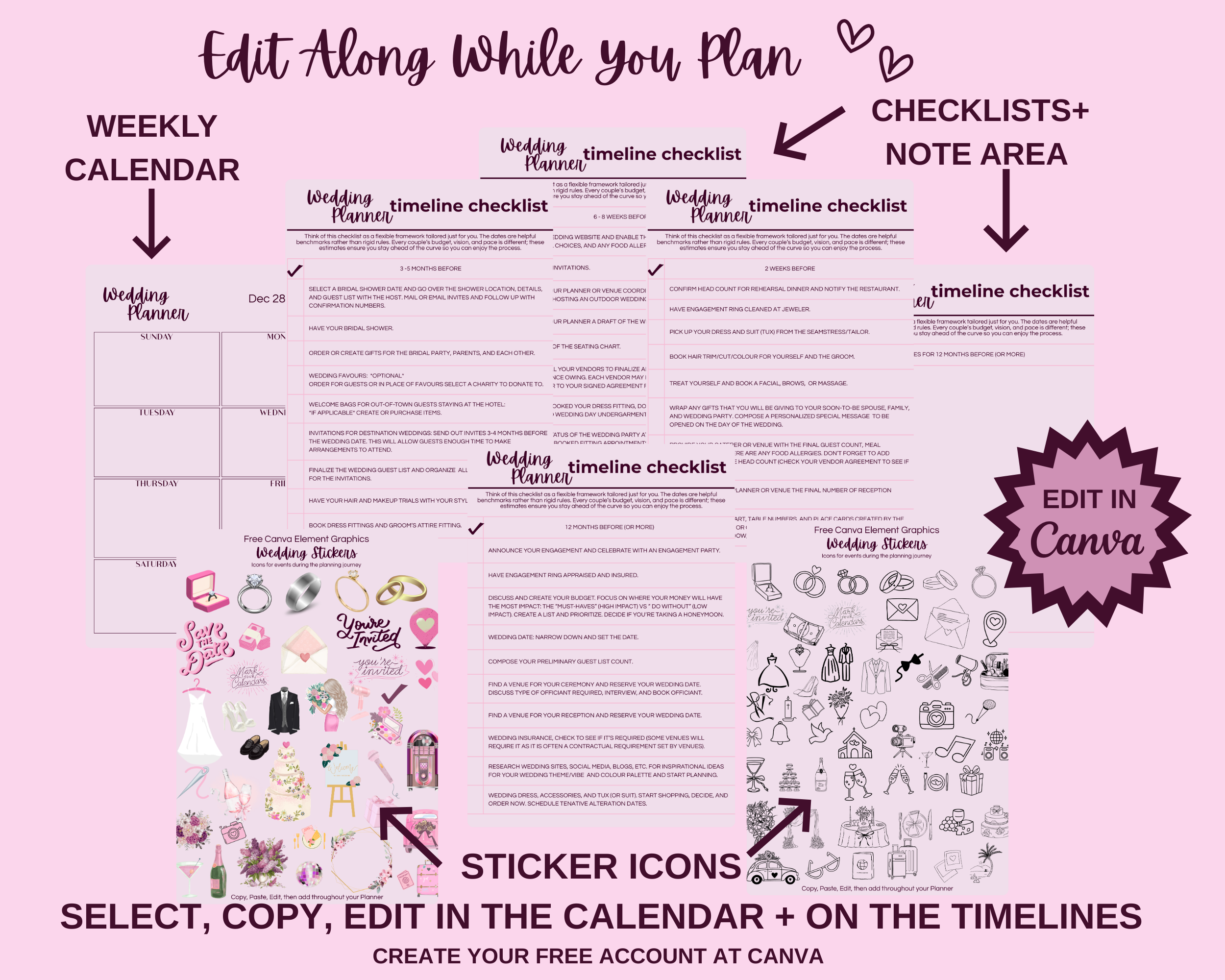 Digital Download: Wedding Planner: 12 Month Timeline & Calendar, Contacts, Checklists